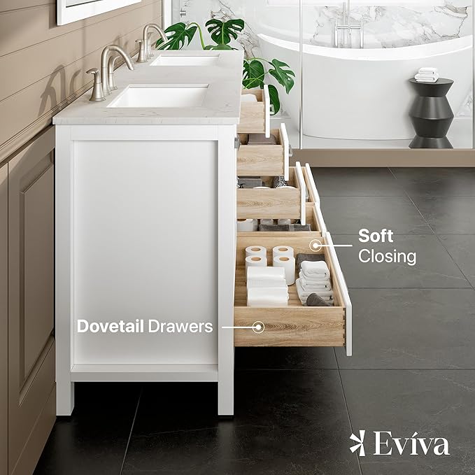 Eviva Aberdeen 72 in. White Double Sink Bath Vanity with Carrara Quartz Top and Undermount Porcelain Sinks