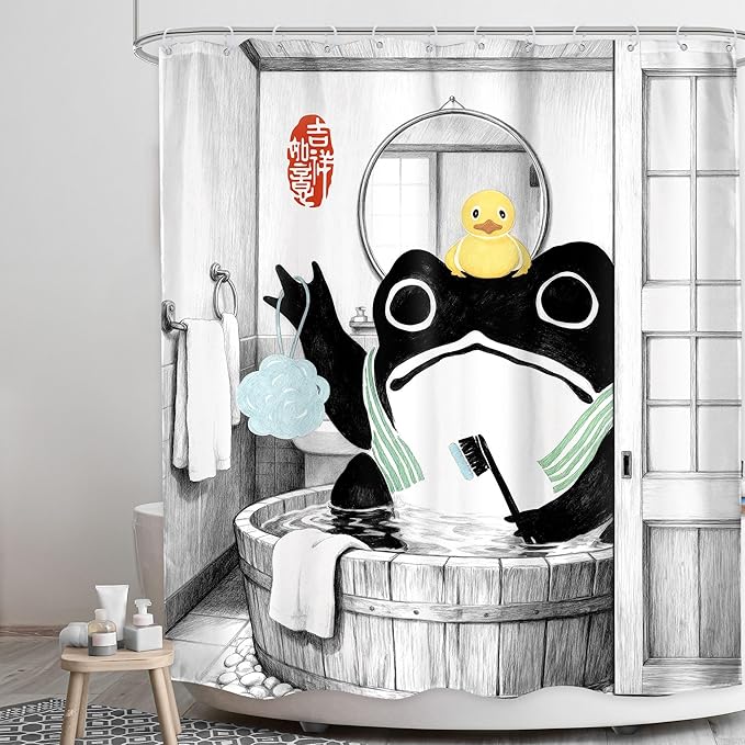 LGhtyro Funny Frog Shower Curtain Bathroom Set 60Wx71H Inches Traditional Asian Style Japanese Art Rubber Duck Wooden Cute Animal Bath Accessories Retro Black Art Home Decor Fabric 12 Pack Hooks