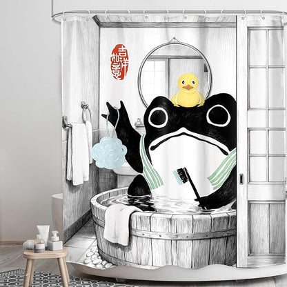 LGhtyro Funny Frog Shower Curtain Bathroom Set 60Wx71H Inches Traditional Asian Style Japanese Art Rubber Duck Wooden Cute Animal Bath Accessories Retro Black Art Home Decor Fabric 12 Pack Hooks