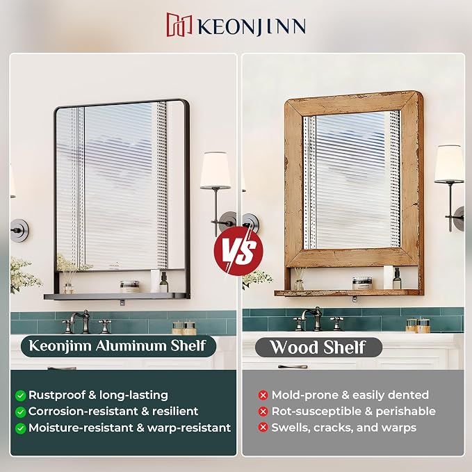 Keonjinn 18 x 28 Inch Black Bathroom Mirror with Shelf, Rust-Resistant | Rounded Corner, Rectangle Metal Bathroom Vanity Mirror with Storage, French Cleat Mount, Entryway, Bedroom, Hallway, Décor