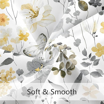 Extra Long Shower Curtain 72 x 84 Inch, Tall Yellow Grey Floral Shower Curtain for Bathroom, Watercolor Flower Butterfly Fabric Shower Curtain Set with Hooks