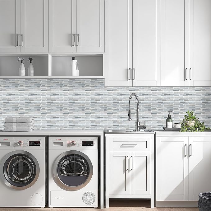Tilingview 10PCS Peel and Stick Tile for Kitchen Backsplash, Strips Design Self-Adhesive Vinyl Tile, Plastic Wall Sticker (Blue Gray)