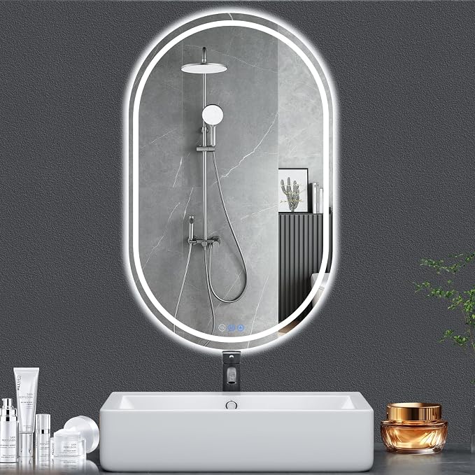 Oval LED Bathroom Mirror, 20"x 33" Frameless Lighted Mirror | LED Mirror with Front Light & Backlit, Anti-Fog, Dimmable Wall Mounted Lighted Mirror, Pill-Shaped Smart Bathroom Mirror