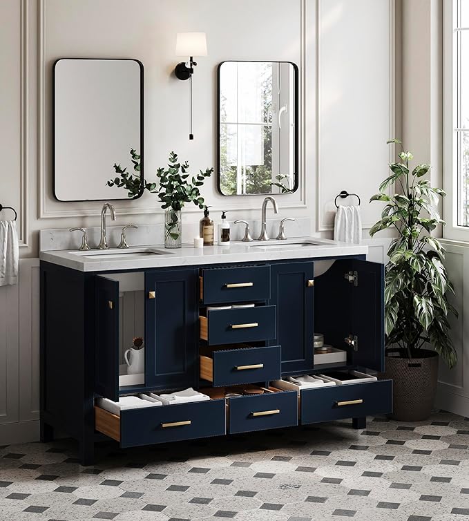 ARIEL Cambridge 60-inch Bathroom Vanity with Sink,Solid Wood, 1.5-inch Carrara White Quartz Countertop, Double Rectangular Porcelain Sink, 4 Soft Closing Doors, 6 Dovetail Drawers, Midnight Blue
