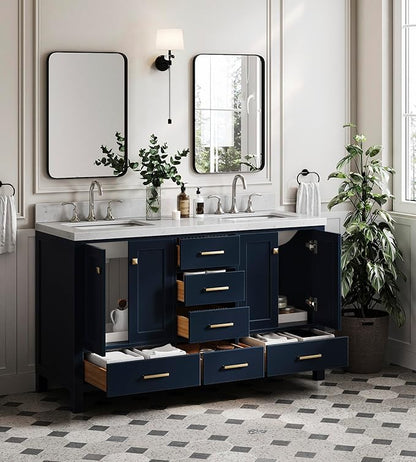 ARIEL Cambridge 60-inch Bathroom Vanity with Sink,Solid Wood, 1.5-inch Carrara White Quartz Countertop, Double Rectangular Porcelain Sink, 4 Soft Closing Doors, 6 Dovetail Drawers, Midnight Blue