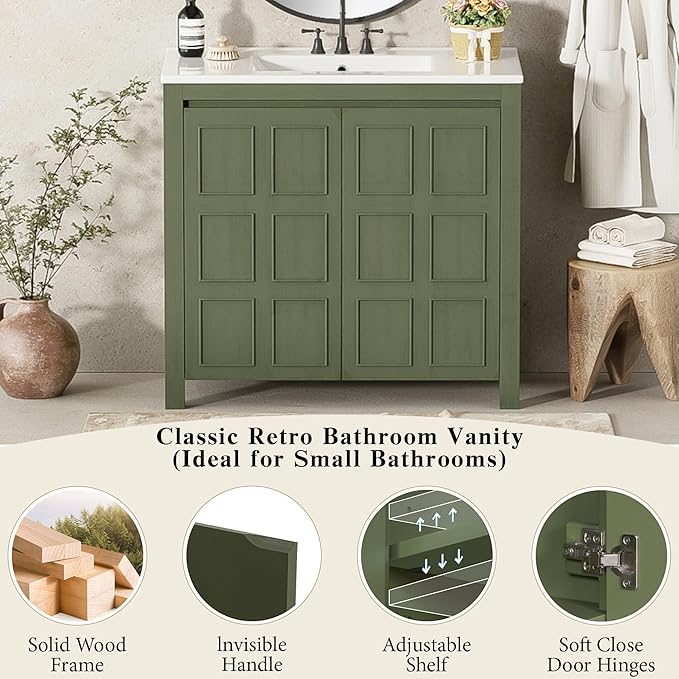 36" Bathroom Vanity,Farmhouse Vanity with Ceramic Sink, Set Bathroom Storage Cabinet, Olive Green