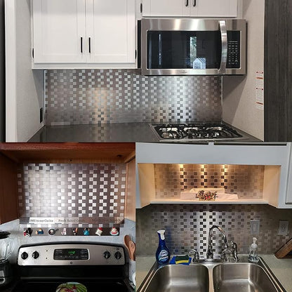 Yipscazo 10-Sheets Peel and Stick Backsplashes for Kitchen, Stick on Backsplash Stainless Steel Metal Tiles for Kitchen Walls, Stainless Steel Backsplash for Range Hood Wall Shield (12''x12'')