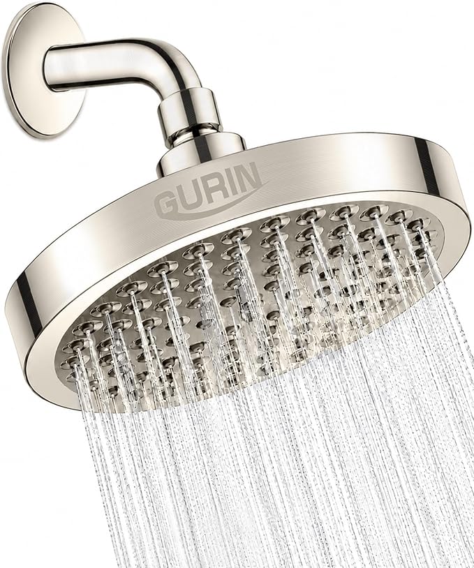 GURIN Shower Head - Luxury Brushed Nickel Finish - Rain Showerhead 6 Inch | High Pressure Shower Heads with Adjustable Angles, 90 Anti-Clog Nozzles, Tool-Free 1-Min Install