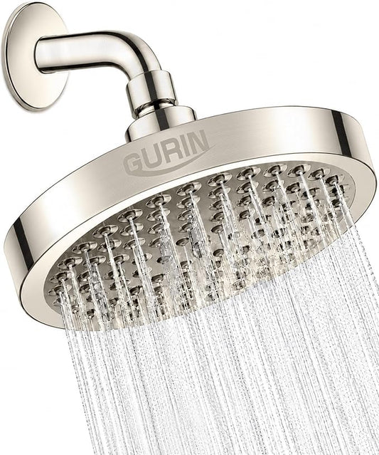 Shower Head - Luxury Brushed Nickel Finish - Rain Showerhead 6 Inch | High Pressure Shower Heads with Adjustable Angles, 90 Anti-Clog Nozzles, Tool-Free 1-Min Install