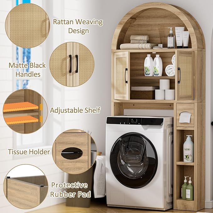 Spurgehom Over Toilet Storage Cabinet, Bathroom Arch Organizer,Rattan | Freestanding Arch Bathroom Cabinet with Anti-Tipping Safety Kit, Space-Saving Toilet Storage Shelf, Toiletries Organization.
