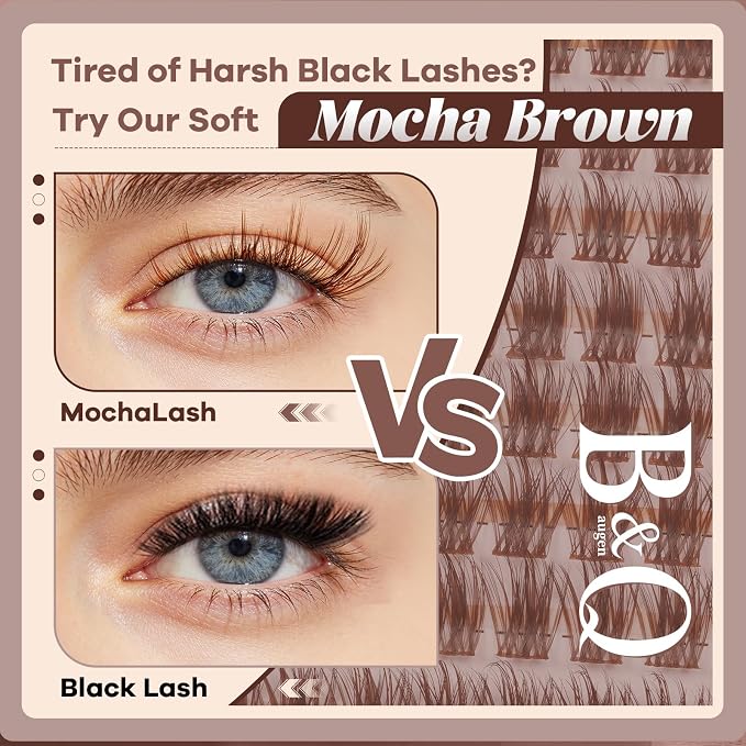 B&Q Brown Lash Clusters Kit Natural Mochalash Clusters 02, Wispy Eyelash Clusters Kit C-Curl Cluster Eyelash Extensions 8-16mm Brown Lash Eyelashes Kit for Fair/Dark Hair(Mochalash 02 Set)