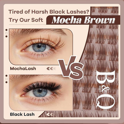 B&Q Brown Lash Clusters Kit Natural Mochalash Clusters 02, Wispy Eyelash Clusters Kit C-Curl Cluster Eyelash Extensions 8-16mm Brown Lash Eyelashes Kit for Fair/Dark Hair(Mochalash 02 Set)