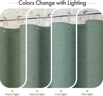 Bathway Modern Scalloped Shower Curtain, Linen Textured Green Shower Curtain Set with 12 Metal Hooks, Neutral Cute Elegant Shower Curtain with Black Border for Bathroom, 72x72 Inches