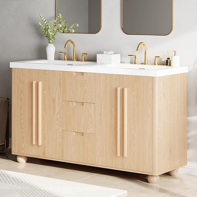 60 Inch Double Bathroom Vanity with Double Sinks, Soft Closing Doors and Drawers, Solid Wood Frame & MDF Modern Bathroom Sink Cabinet, Freestanding, Nature Wood