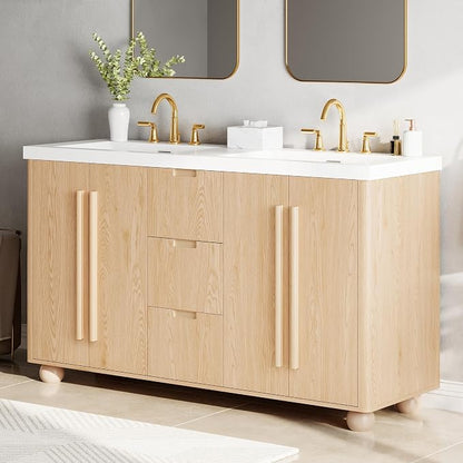 60 Inch Double Bathroom Vanity with Double Sinks, Soft Closing Doors and Drawers, Solid Wood Frame & MDF Modern Bathroom Sink Cabinet, Freestanding, Nature Wood
