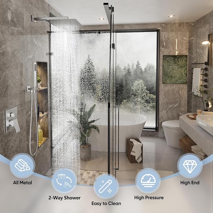 Gabrylly Rain Shower Head with Handheld Spray Combo, 10", Brushed Nickel | All Metal Shower System, High Pressure Rainfall Shower Faucet Set, Solid Brass Shower Valve Complete Shower Set for Bathroom