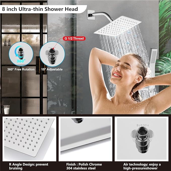 Midanya Shower Faucet Set,Wall Mount Shower System with Square Rain Shower Head and Hand Sprayer, Rough-in Valve Body and Trim Kit Included,8 Inch,Polish Chrome