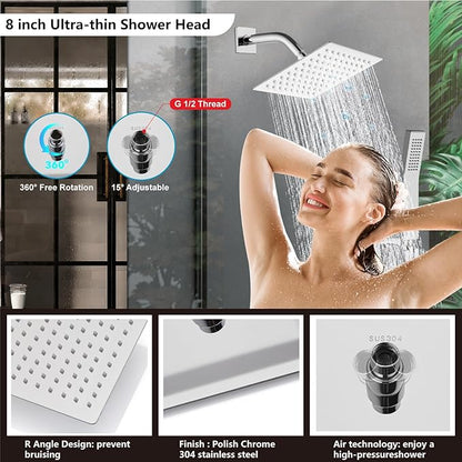 Midanya Shower Faucet Set,Wall Mount Shower System with Square Rain Shower Head and Hand Sprayer, Rough-in Valve Body and Trim Kit Included,8 Inch,Polish Chrome