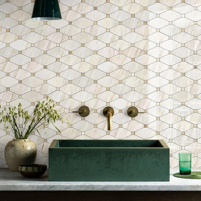 STICKGOO 10 Sheets Peel and Stick Backsplash, Polished Eurasia Beige | Glossy Marble Look Kitchen Backsplash, Waterproof, Stick on Tile for Bathroom, Fireplace, RV