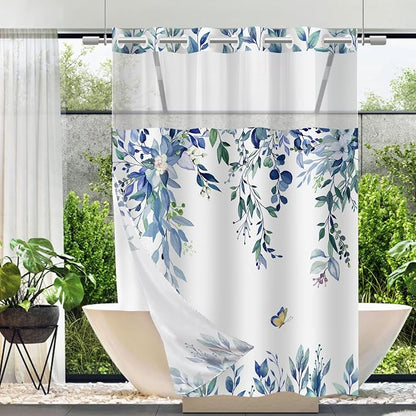 No Hook Shower Curtain and Liner Set, Blue Eucalyptus 54x80 | Floral Design, with Snap in Liner, Waterproof, Machine Washable, Quick-Drying, for Hotel Bathroom