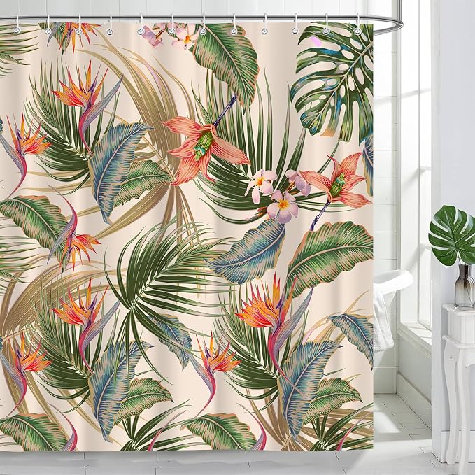 Tropical Shower Curtain, Colourful Leaves Floral Palm Leaf Hawaiian Botanical Plant Bathroom Curtain, Waterproof Cloth Fabric Bath Curtain with Hooks 72 x 72 inch