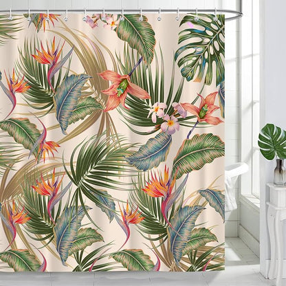 Tropical Shower Curtain, Colourful Leaves Floral Palm Leaf Hawaiian Botanical Plant Bathroom Curtain, Waterproof Cloth Fabric Bath Curtain with Hooks 72 x 72 inch