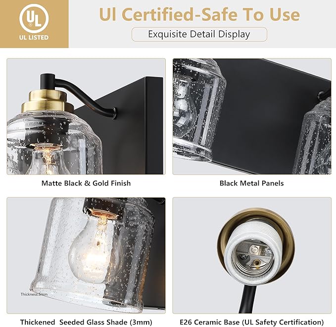 Vanity Lights for Bathroom Large 23", Farmhouse Rustic Vanity Light with Bubble Glass Shades, Black and Gold 3 Light Bathroom Lighting Fixtures Over Mirror, Bath Wall Sconce Home Decor