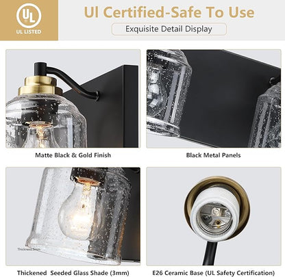 Vanity Lights for Bathroom Large 40", Farmhouse Rustic Vanity Light with Bubble Glass Shades, Black and Gold 5 Light Bathroom Lighting Fixtures Over Mirror, Bath Wall Sconce Home Decor