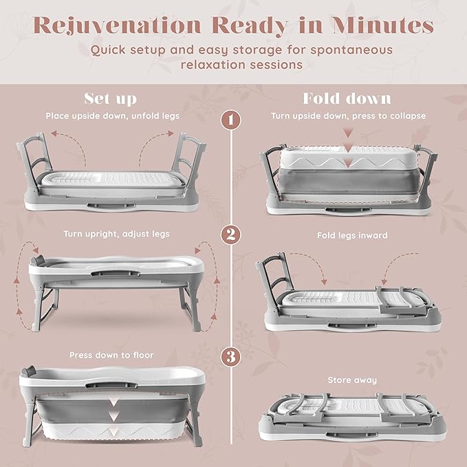Portable Bathtub for Adult- Extra Large 56" Foldable Collapsible tub. Ergonomically Designed for the Ultimate Relaxing Soaking Bath, Ice Bath. Ideal for Small Spaces, Quick, Effortless Folding Bathtub