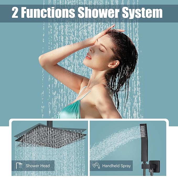 Ceiling Mount Matte Black Shower System 12 Inch Rain High Pressure Shower Head with Handheld Spray, Bathroom Shower Combo Set Rough in Valve Body and Trim Included