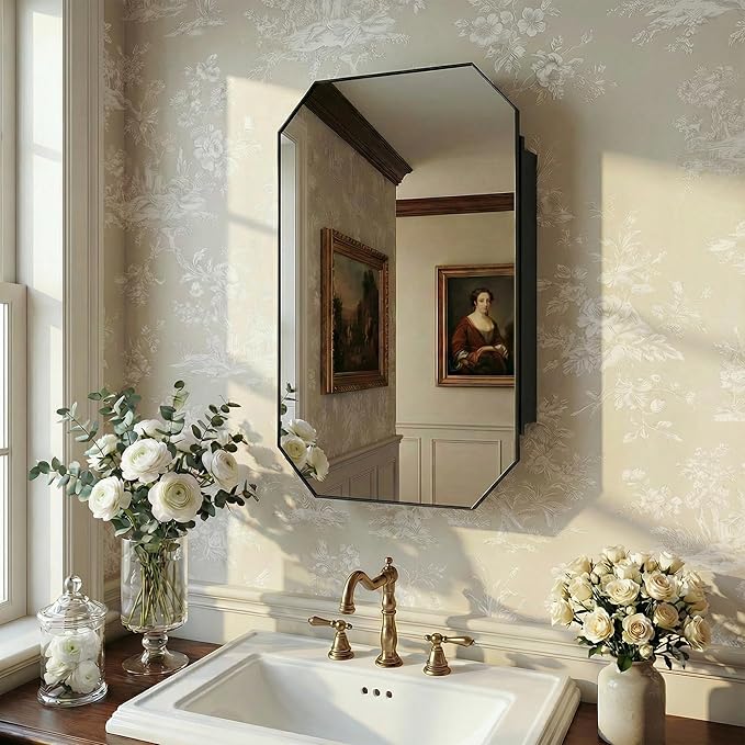Casaphoria 36" H x 24" W Octagon Bathroom Medicine Cabinet with Mirror, Metal Frame Wall Medicine Cabinets Mirrors, Black K