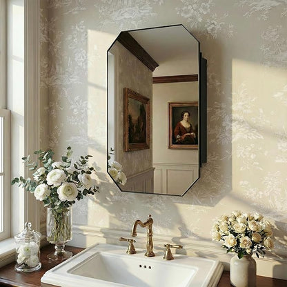 Casaphoria 36" H x 24" W Octagon Bathroom Medicine Cabinet with Mirror, Metal Frame Wall Medicine Cabinets Mirrors, Black K