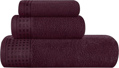 GLAMBURG Ultra Soft 3 Pack Cotton Towel Set, Contains a Bath Towel 28x55 inch, a Hand Towel 16x24 inch & a Wash Coth 12x12 inch, Ideal Everyday use, Compact & Lightweight - Burgundy