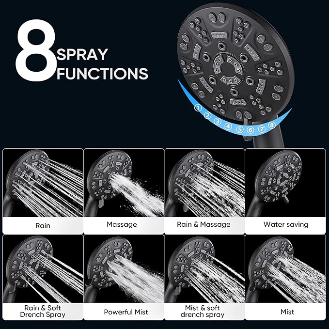 Cobbe 8-Setting Handheld Shower Head, Water-Saving Design, Matte Black | Trickle Pause Mode, 5ft Stainless Steel Hose, Brass Swivel Bracket, Tool-Free Installation
