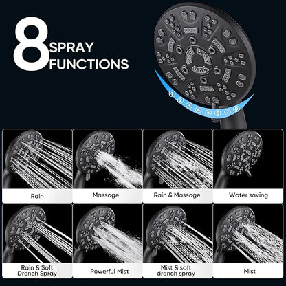 Cobbe 8-Setting Handheld Shower Head, Water-Saving Design, Matte Black | Trickle Pause Mode, 5ft Stainless Steel Hose, Brass Swivel Bracket, Tool-Free Installation