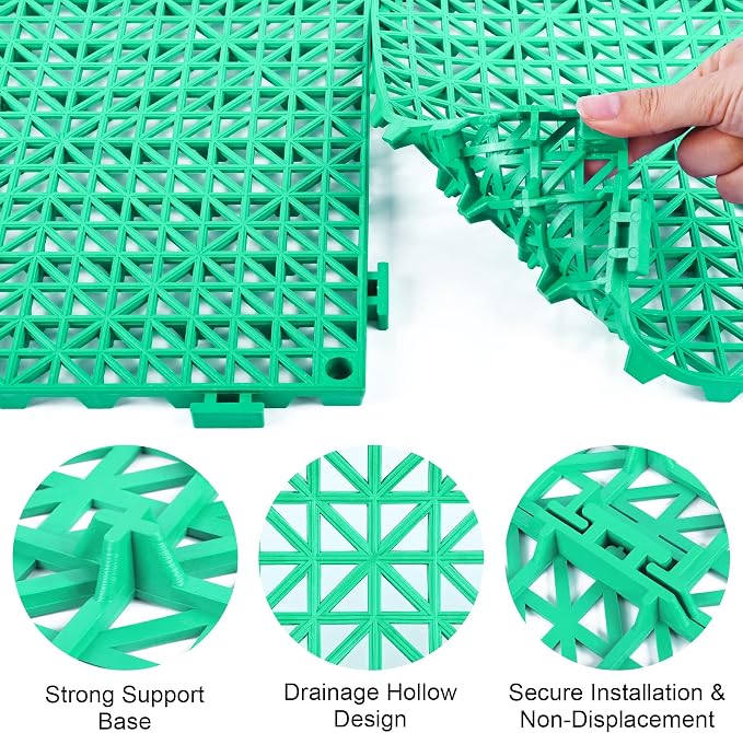 Modular Interlocking Cushion 12 Pack 11.8" x 11.8" Rubber Floor Tiles Non-Slip Splicing Drainage Mats for Deck, Pool, Outdoor Shower, Patio, Balcony, Indoor Bathroom, Kitchen, Yard (Green)