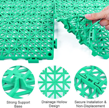 Modular Interlocking Cushion 12 Pack 11.8" x 11.8" Rubber Floor Tiles Non-Slip Splicing Drainage Mats for Deck, Pool, Outdoor Shower, Patio, Balcony, Indoor Bathroom, Kitchen, Yard (Green)