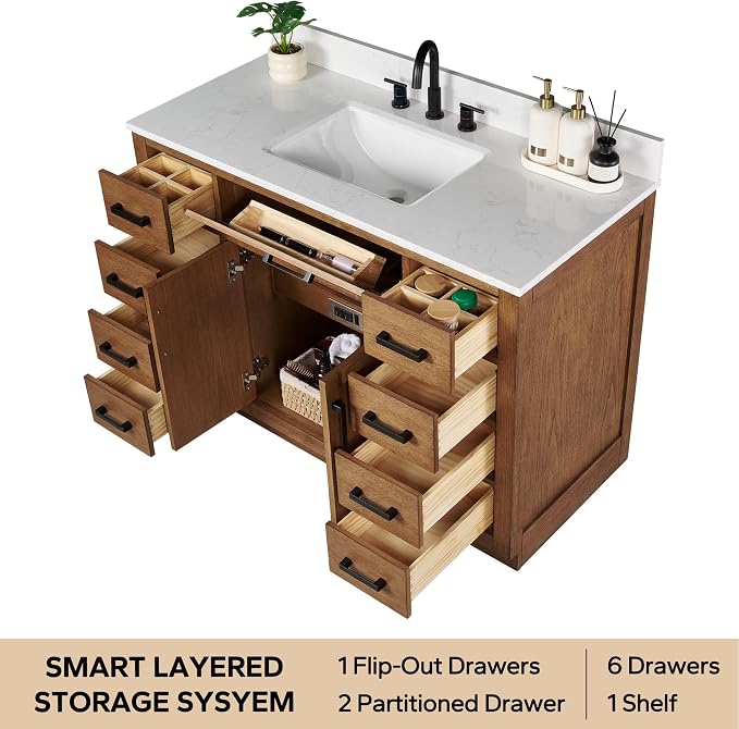 48-inch Dark Walnut Bathroom Vanity with Sink, Solid Wood, 0.79-inch Stone Countertop and Backsplash, 9 Drawers, 2 Soft Closing Doors