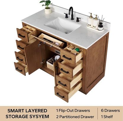 48-inch Dark Walnut Bathroom Vanity with Sink, Solid Wood, 0.79-inch Stone Countertop and Backsplash, 9 Drawers, 2 Soft Closing Doors