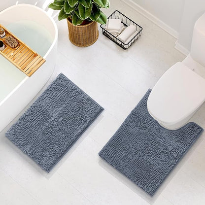 Hearth & Harbor Bathroom Rugs, Chenille Bath Mat - Machine Washable Bath Mats for Bathroom Non-Slip Backing Rubber, Quick Dry Bathroom Mat, 17 x 24 + 20 x 24 - Stone Blue