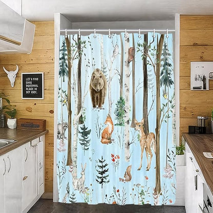 JAWO Rustic Forest Shower Curtains, Lodge Cabin Woodsy RV Shower Curtain, Wildlife Animals Woodland Campers Camping Bathroom Set with Hooks, 54x72 Inch, Blue