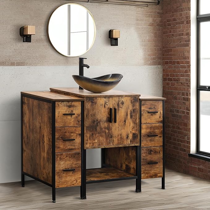 UEV 48" Rustic Brown Bathroom Vanity with Sink Combo,Industrial Iron Frame Bathroom Cabinet Sets with Double 3 Drawers Side Cabinet,Modern Champagne Boat Tempered Glass Vessel Sink(029CH)
