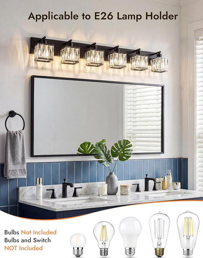 VOLISUN Black Bathroom Light Fixtures, Modern Bathroom Lighting Fixtures Over Mirror, 6 Light Bathrooms Vanity Light, Crystal Vanity Light for Bathrooms-UL Certificated(Exclude Bulb)