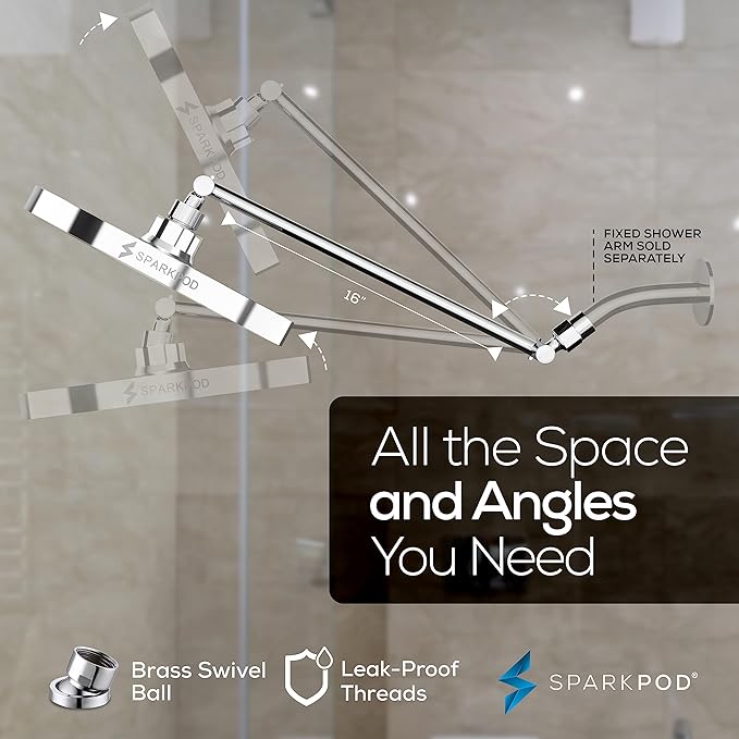 SparkPod 8" Round Rain Shower Head with 16" Shower Arm | Shower Head & Extension Arm Combo, Height Adjustable, High Pressure Performance, Easy 1-Minute Installation, Polished Chrome