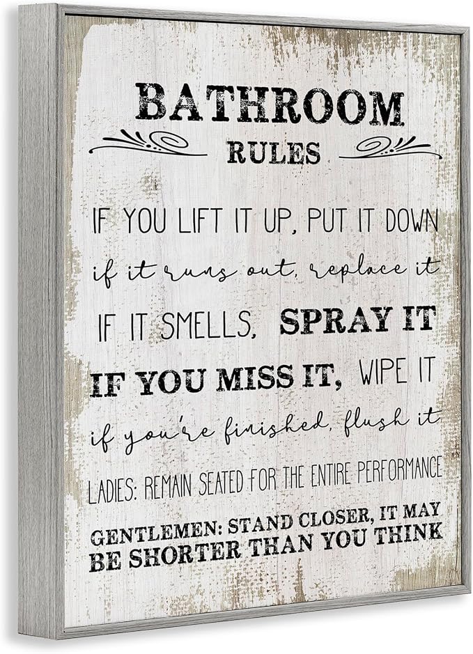 Rustic Bathroom Rules Humor, 11 x 14 Inch Framed Giclée Print