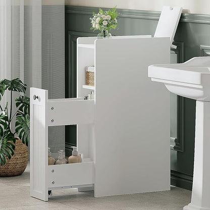 ChooChoo Slim Bathroom Storage Cabinet with Slide Out Drawers | Narrow Storage Organizer with Hidden Storage, Freestanding Toilet Paper Holder, Bathroom Cabinet for Small Places, White