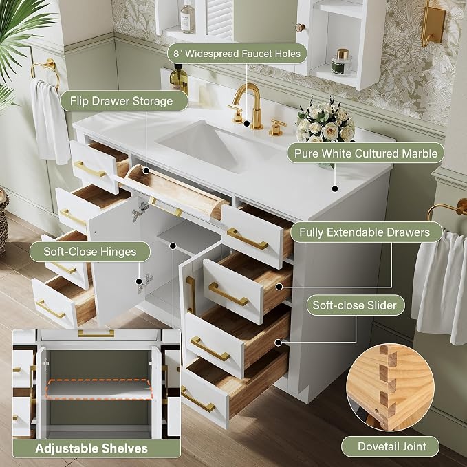 48-Inch Bathroom Vanity with Sink W/ 2 Doors & 8 Drawers & 1 Flip Drawer, White Vanity W/Brushed Gold Handles