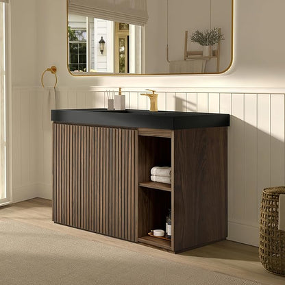 48" Bathroom Vanity with Sink, Freestanding Single Sink Bathroom Vanity with Black Engineered Stone Top & Open Side Storage, Soft-Closing Doors with Adjustable Shelf, Walnut