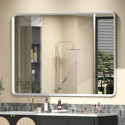 44x36 Inch Silver Framed Mirror for Wall | Silver Bathroom Vanity Mirror, Rounded Rectangle Mirror, Shatterproof, Anti-Rust, Silverish Painted (Horizontal/Vertical)