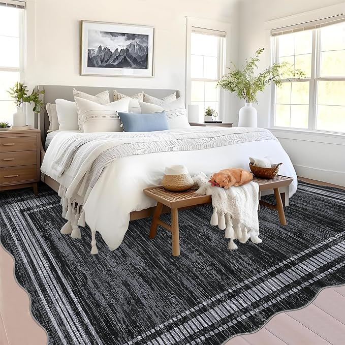 Garvee Scalloped Area Rug 9x12 Large Washable Rug for Living Room Black | Girls Rug for Bedroom, Non-Slip Soft Carpet for Bedroom, Scalloped Low-Pile Print Accent Rug for Dining Room Home Office